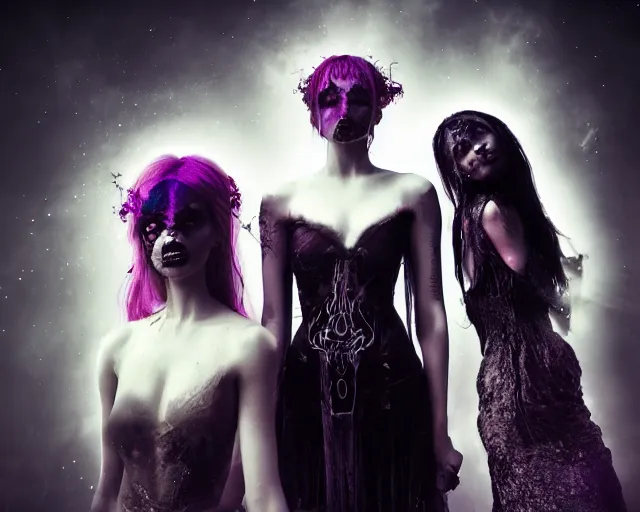 Prompt: three stunning otherworldly gothic goddesses of beauty wearing psychedelic wicca, full body, dark and mysterious, atmospheric, ominous, eerie, cinematic light, epic, 8 k 3 d, ultra detail, ultra realistic