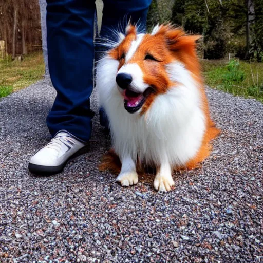 Image similar to a giant Sheltie is looking down at it's ant sized human owner