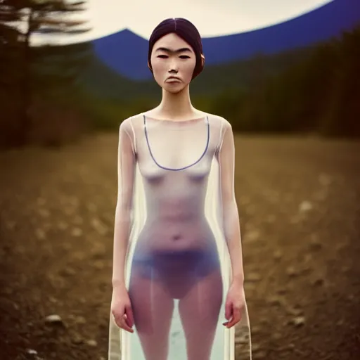 Image similar to a instax photo of fuji mountain, a tall japanese girl in a transparent sheer fabric dress against the background of fuji mountain, perfect faces, fine details, severe snow, full body shot, perfect symmetrical body, coherent symmetrical eyes, by peter kemp, by monia merlo, hyperrealistic, hyperdetailed, octane render, 8 k