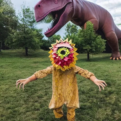 Prompt: a dinosaur dressed up like a character in midsommar