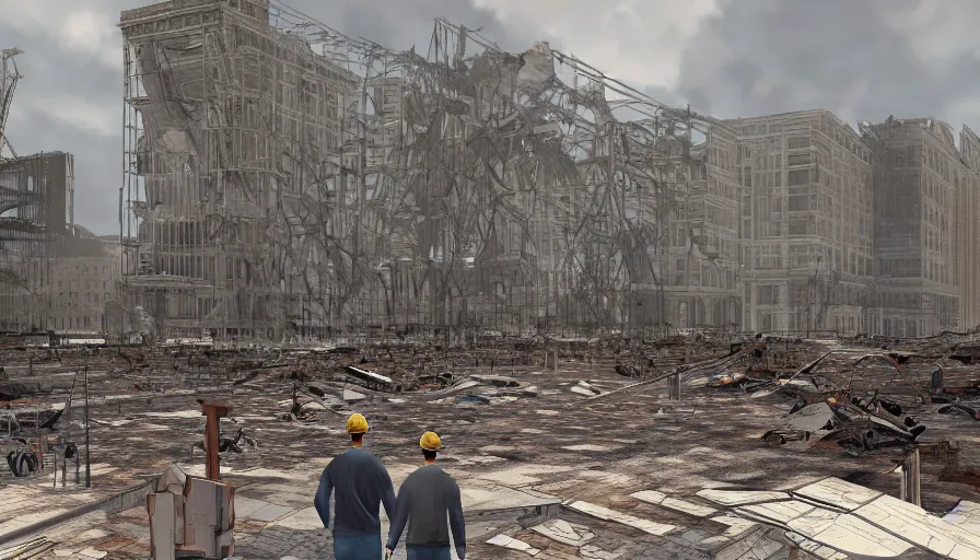 Image similar to father and his son looking at collapsed destroyed washington dc under reconstruction, scaffolding, cloudy day, volumetric light, hyperdetailed, artstation, cgsociety, 8 k