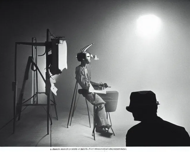 Image similar to a long shot, studio photographic portrait of a telegraph operator, dramatic backlighting, 1 9 9 3 photo from life magazine,