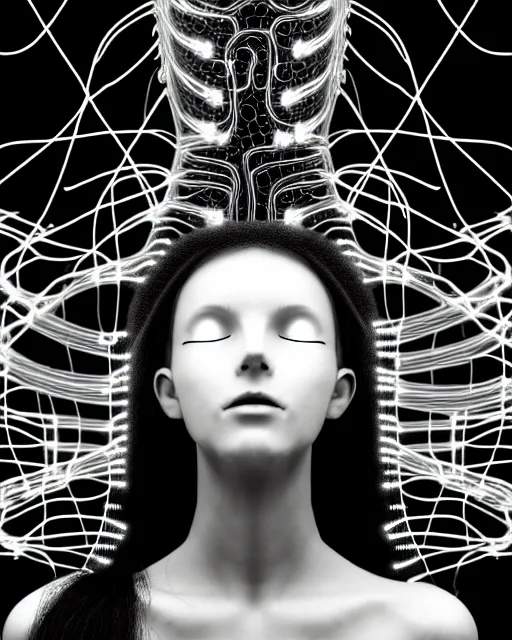 Image similar to black and white spiritual connected young female cyborg - plant goddess high quality photo, microchip, artificial intelligence, bio - mechanical bio - luminescence, black wired cables, neurons, nerve cells, cinematic, rim light, photo - realistic, elegant, high detail, 8 k, masterpiece, high fashion