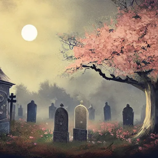 Prompt: a lonely graveyard at night, the moon shine is falling on a specific grave with a sakura tree beneath it, by aleksandra waliszewska, high detail concept art, cinematic atmosphere