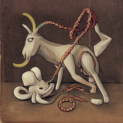 Image similar to a donkey and an octopus are playing a game. the donkey is holding a rope on one end, the octopus is holding onto the other. the donkey holds the rope in its mouth. a cat is jumping over the rope.