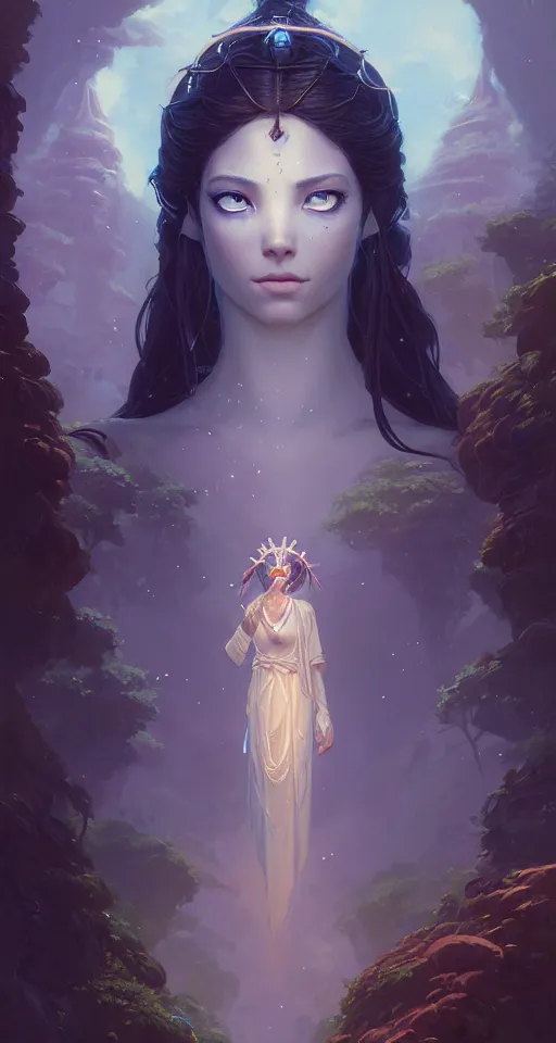 Image similar to highly detailed portrait of beautiful goddess in avatar, stephen bliss, unreal engine, fantasy art by greg rutkowski, loish, rhads, ferdinand knab, makoto shinkai and lois van baarle, ilya kuvshinov, rossdraws, tom bagshaw, global illumination, radiant light, detailed and intricate environment