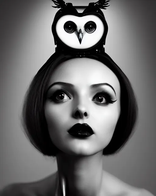 Image similar to surreal mythical dreamy dark artistic black and white fine art 3 / 4 fashion portrait photo of a young beautiful delicate female robot with realistic orchid - owl face, rim light, cinematic, studio dramatic light, poetic, masterpiece, octane render, 8 k, photo - realistic by hg giger and man ray