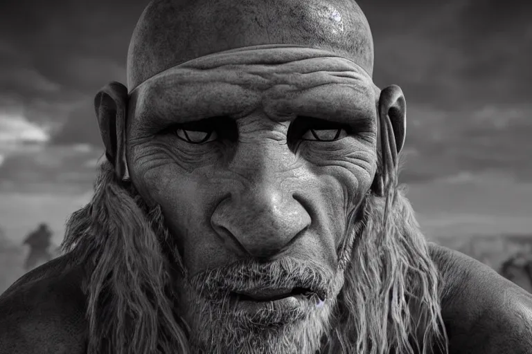 Image similar to still photo of stone age man looking at the camera in a battlefield, black and white color aesthetic, highly detailed, photorealistic portrait, bright studio setting, studio lighting, crisp quality and light reflections, unreal engine 5 quality render