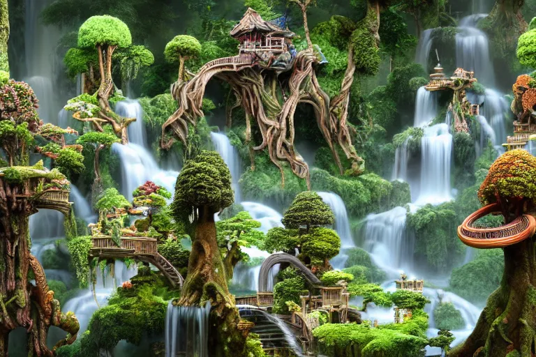 Image similar to isometric view of a fantastical garden with waterfalls and giant trees, by Andrei Riabovitchev, Shaun Tan, Peter Mohrbacher and Takayuki Takeya, ancient ornate intricate, cinematic, realistic, intricate detail, finely detailed, small details, extra detail, photorealistic, high resolution, 3D, PBR, path tracing, volumetric lighting, octane render, arnold render, 8k