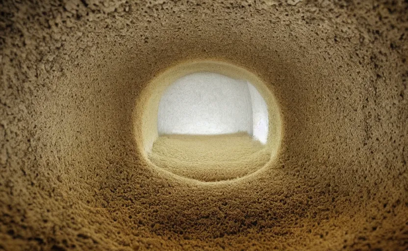 Image similar to hyper liminal photo, sponge with many tunnels inside each hole, tunnels lead to different worlds, surreal, detailed, high definition, mysterious, wide shot, surrealist depiction of a normal sponge,