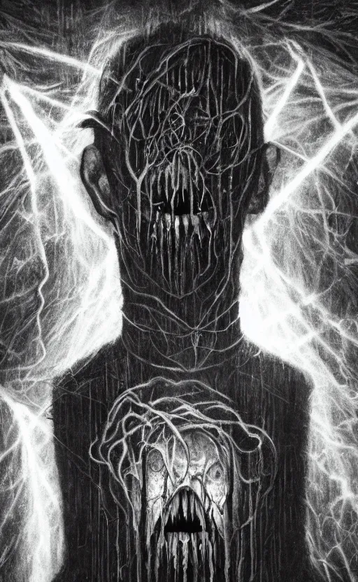 Image similar to portrait of lovecraftian jay bauman surrounded by beams of light dark background by wayne barlow, stanley donwood, anton semenov, zdzislaw bekinski, hr giger, 8 k, fantasy, dark, highly detailed