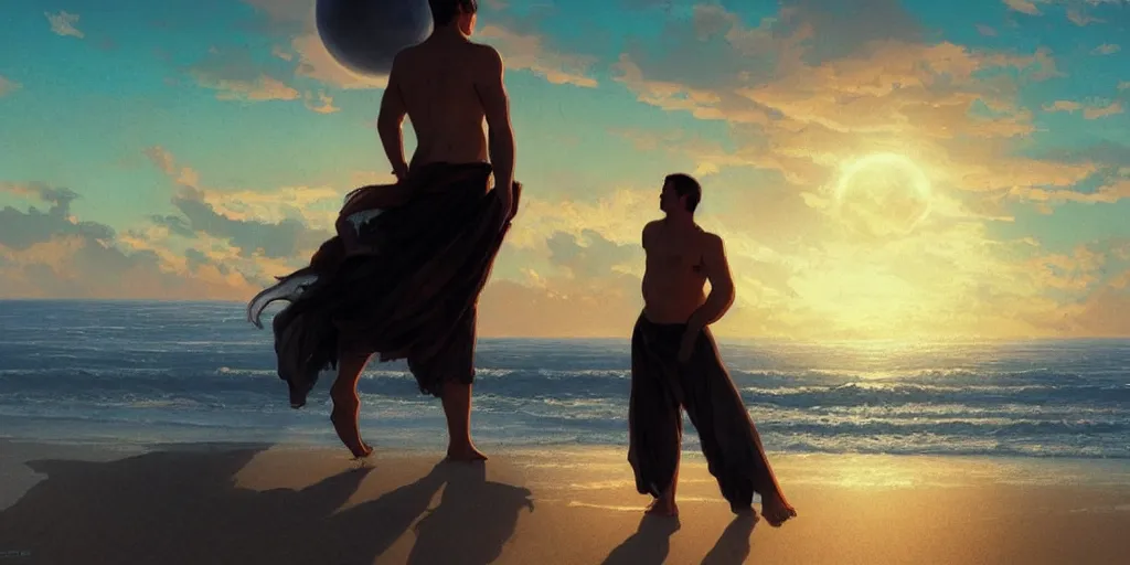 Prompt: a man watching sunset on a beach with a planet's surface covering most of the sky, intricate, highly detailed, digital painting, trending on artstation, concept art, smooth, illustration, cinematic lighting, art by artgerm and greg rutkowski and alphonse mucha