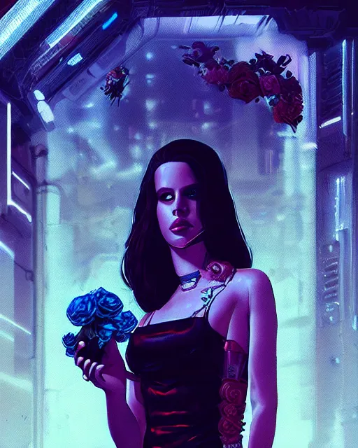 Image similar to portrait of lana del rey as a cyberpunk cyborg. roses, sci - fi, missing panels, intricate abstract upper body intricate artwork, by tooth wu, wlop, beeple, dan mumford. concept art, octane render, deviantart, greg rutkowski, cinematic, key art, hyperrealism, iridescent accents