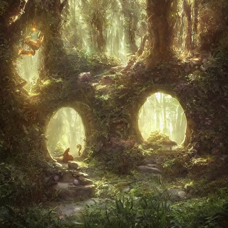 Image similar to Fantasy Magical fairy-tale stone portal in the forest. Round stone portal teleport in trees to other worlds. Fantastic landscape. Magic Altar in the fores, highly detailed, digital painting, artstation, concept art, smooth, sharp focus, illustration, art by artgerm and greg rutkowski and alphonse mucha