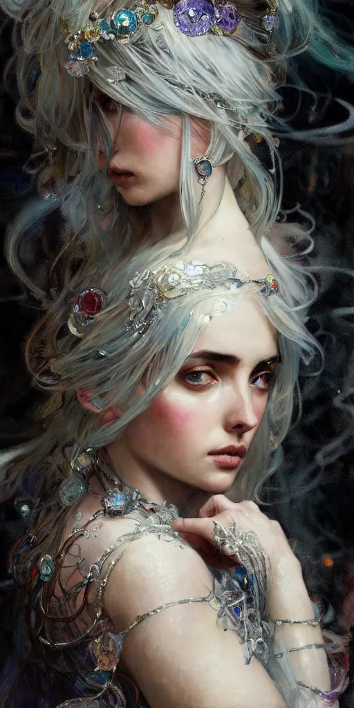 Prompt: a highly detailed beautiful white haired woman, ana de armas, adorned with precious stones, intricate line drawings by jeremy mann and alphonse mucha, 8 k resolution, trending on artstation, very very detailed, masterpiece, stunning,