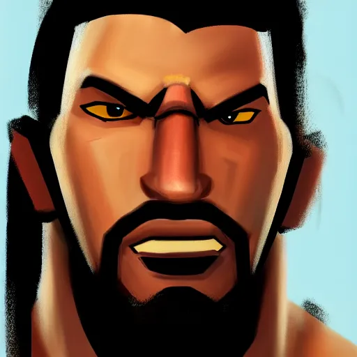 Image similar to portrait painting of Barret Wallace from FFVII as Overwatch character, medium shot, asymmetrical, profile picture, Organic Painting, sunny day, Matte Painting, bold shapes, hard edges, street art, trending on artstation