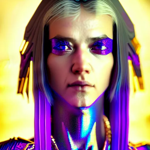 Image similar to hyperdetailed close portrait of a stunningly beautiful cyberpunk girl androgynous wizard guard made of iridescent metals and shiny purple gems, bright rainbow nimbus, transparent necklace, gold background inspired by ross tran and masamune shirow and kuvshinov, concept art, intricate, photorealistic, octane render, rtx, hdr, unreal engine, dnd digital art by artgerm