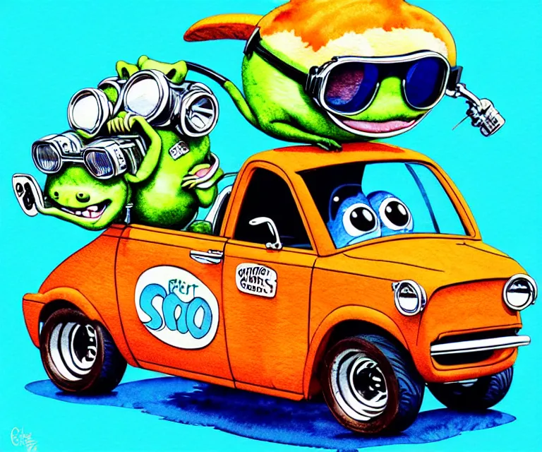 Prompt: cute and funny, beaver wearing goggles driving a tiny hot rod with an oversized engine, ratfink style by ed roth, centered award winning watercolor pen illustration, isometric illustration by chihiro iwasaki, edited by craola, tiny details by artgerm and watercolor girl, symmetrically isometrically centered