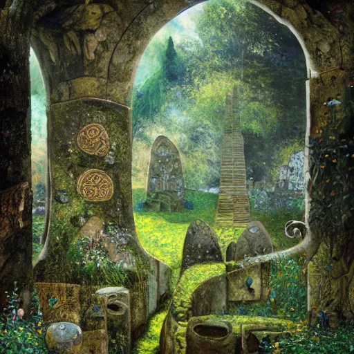 Image similar to ancient overgrown ruins, medieval gates, runestones, mysetrious etherial mesmerizing runic cat eyes, magical elven geometry, concept art by gustav klimt, deviantart contest winner, environmental art, high detail