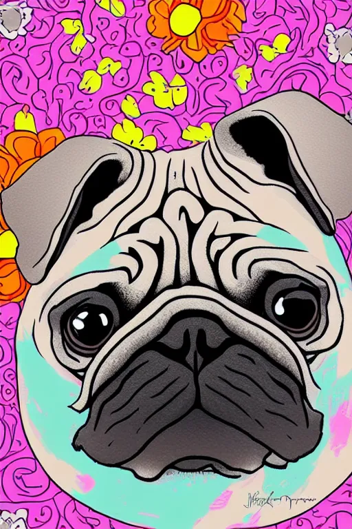 Prompt: portrait of a flower pug, art by milka oxana, sticker, colorful, illustration, highly detailed, simple, smooth and clean vector curves, no jagged lines, vector art, smooth