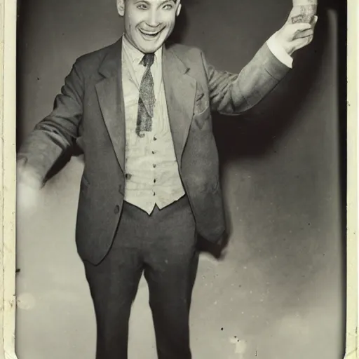 Image similar to a dapper man posing excitedly with a giant pickle Polaroid