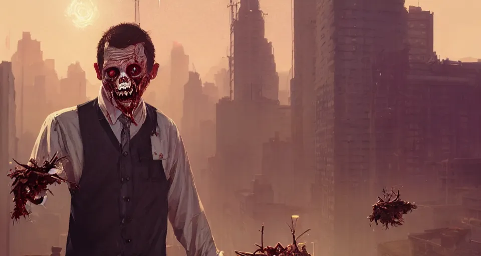 Image similar to highly detailed portrait waiter zombie in gta v, stephen bliss, unreal engine, fantasy art by greg rutkowski, loish, rhads, ferdinand knab, makoto shinkai and lois van baarle, ilya kuvshinov, rossdraws, tom bagshaw, global illumination, radiant light, detailed and intricate environment