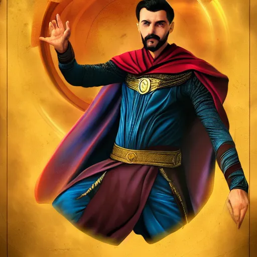 Prompt: a young middle eastern man with a goatie wearing doctor strange custom, movie promotion poster, comic book style, artstation, 4 k