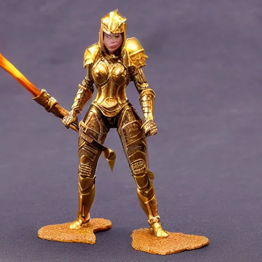 Image similar to 80mm resin detailed miniature of a heavily armored woman, fantasy, Product Introduction, golden armor, wielding a flaming warhammer, 4K