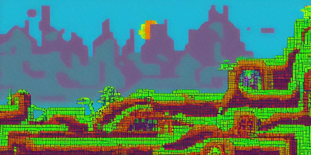 Prompt: An landscape from a horizontal scrolling arcade game theme of the wizards of science fiction 1980s future, pixel art style
