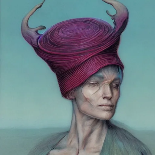 Prompt: portrait of woman with a ceremonial hat embedded into her skull, by wayne barlowe