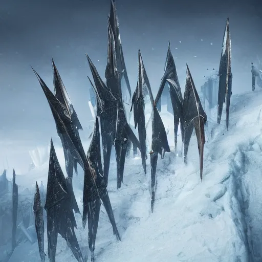 Image similar to cold portrait of pointy ice spikes rising from the ground, ice spikes in bodies of knights, epic fantasy style, in the style of greg rutkowski, trending on artstation, unreal engine, octane render