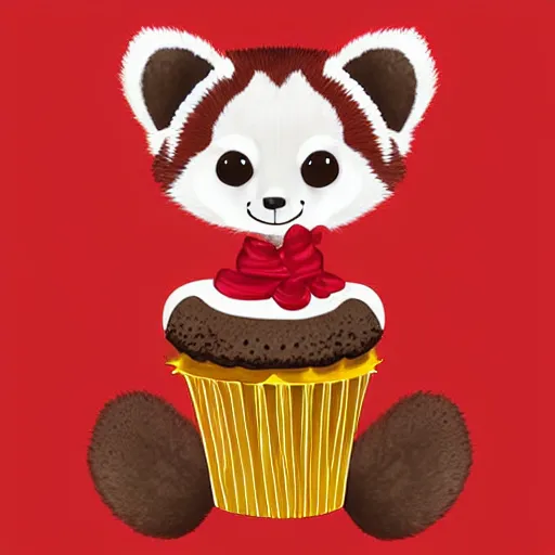 Prompt: an adorable red panda hugging a cupcake, digital art,