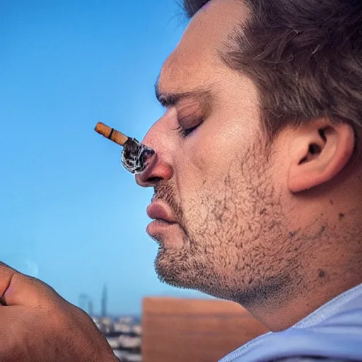 Prompt: a sad guy smoking a joint on a balcony