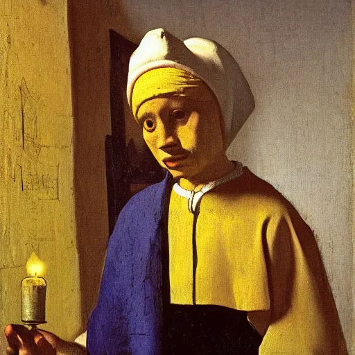 Prompt: Painting of a human with a horses head wearing peasant clothing, holding a lit candle in the dimly lit room, by Johannes Vermeer