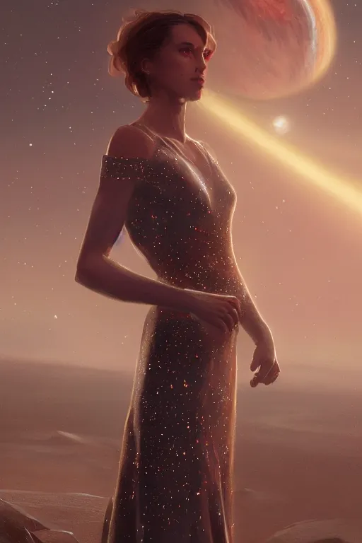 Prompt: a woman, wearing a dress made of stars, rim lighting, dramatic, planets in the background, smooth, sharp focus, very detailed, by greg rutkowski, artstation, tom badshaw, 8 k, symmetrical face