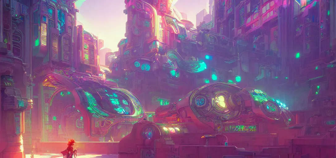 Image similar to street view of a cybernetic temple, vaporwave aesthetic, colorful, psychedelic, digital painting, artstation, concept art, smooth, sharp focus, illustration, art by artgerm and greg rutkowski and alphonse mucha