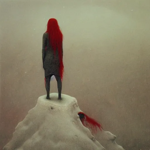 Prompt: a surrealist painting of a lonely woman with white skin and red hair, standing over pile of bodies in post apocalyptic snowy landscape, painted by beksinski