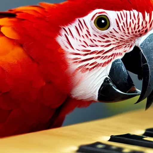 Prompt: “scarlet macaw typing on a keyboard with its beak, hd, photorealistic”