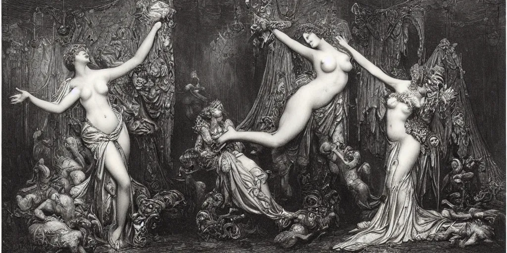 Prompt: Pygmalion and Galatea painting, steampunk, horror by Gustave Dore.