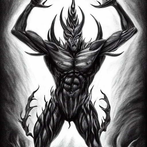 Image similar to full body grayscale drawing by Anato Finnstark of muscled horned humanoid beast, swirling flames