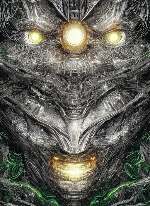 Image similar to glowing silver and golden elements, full close-up portrait, vector crow, book cover, green forest, white moon, establishing shot, extremly high detail, photo-realistic, cinematic lighting, pen and ink, intricate line drawings, by Yoshitaka Amano, Ruan Jia, Kentaro Miura, Artgerm, post processed, concept art, artstation, matte painting, style by eddie mendoza, raphael lacoste, alex ross