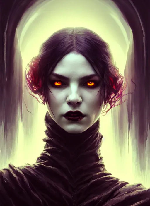 Prompt: full face epic portrait, victorian gothic vampire queen glowing eyes, elden ring, matte painting concept art, midjourney, beautifully backlit, swirly vibrant color lines, majestic, cinematic aesthetic octane render, 8 k hd resolution, by ilya kuvshinov, artgerm, darius zawadzki and zdizslaw beksinski