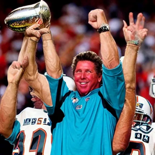 Prompt: dan marino lifts a championship trophy