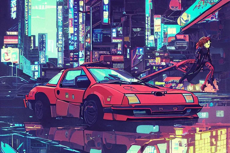 Prompt: Poster Illustration of Geo Metro, neo-Tokyo, Akira Color Palette, Inspired by Akira + MGS2 + FLCL, 8k :4 by Vincent Di Fate + Arc System works + Katsuhiro Otomo 1975 Citroen DM BMW M1 Stratos, city in anime cyberpunk style by Hayao Miyazaki