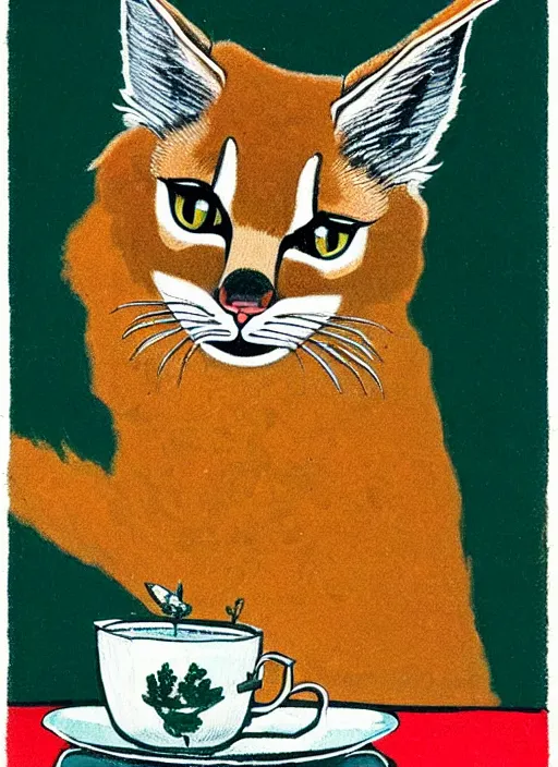 Image similar to an extreme close - up portrait of a cute fluffy caracal drinking tea, samovar, by billy childish, thick visible brush strokes, shadowy landscape painting in the background by beal gifford, vintage postcard illustration, minimalist cover art by mitchell hooks