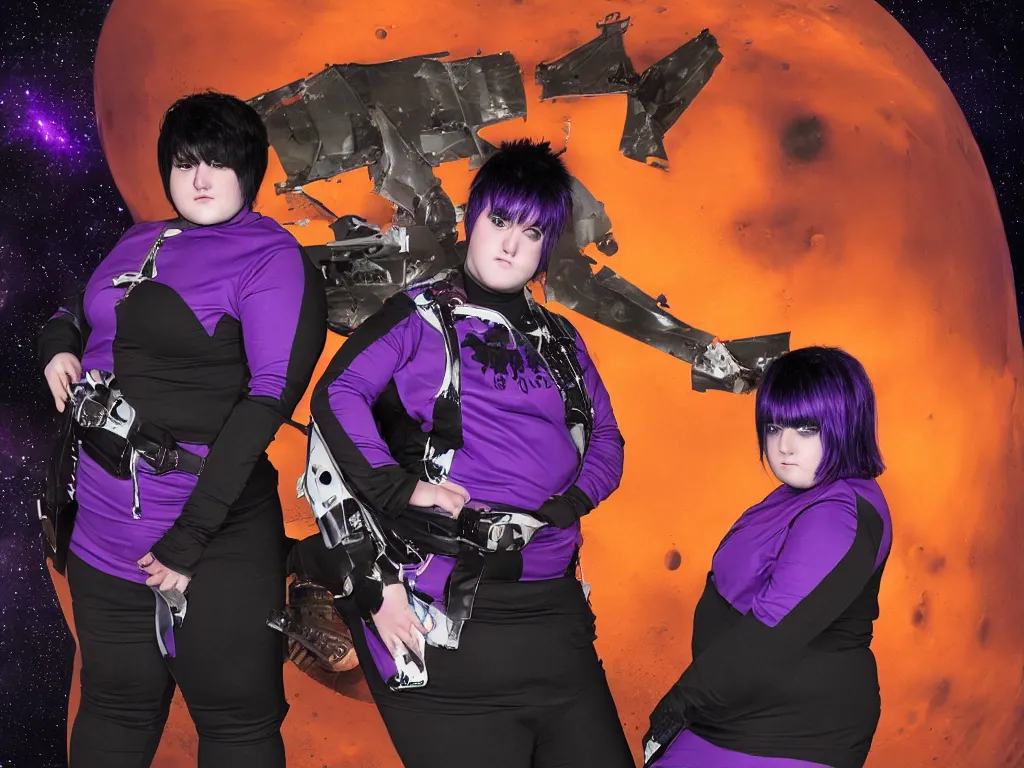 Prompt: two chubby teenagers with emo haircuts wearing gothy purple and black space spandex suits, standing next to smoking spacecraft wreckage, on the orange surface of mars, highly detailed, dramatic lighting, photorealistic, cinematic