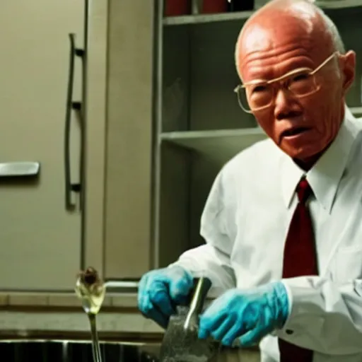 Image similar to A still of Lee Kuan Yew as Walter White cooking meth in in Breaking Bad (2008)