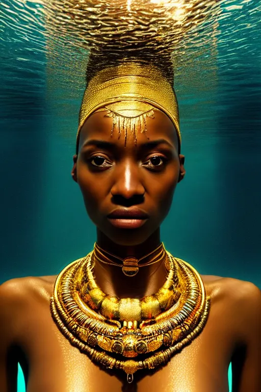 Image similar to hyperrealistic precisionist cinematic half underwater scene very expressive! translucent elegant african goddess full body, gold jewerly, highly detailed face, digital art masterpiece, aykut aydogdu eric zener, dramatic volumetric light, long shot, low angle uhd 8 k, sharp focus