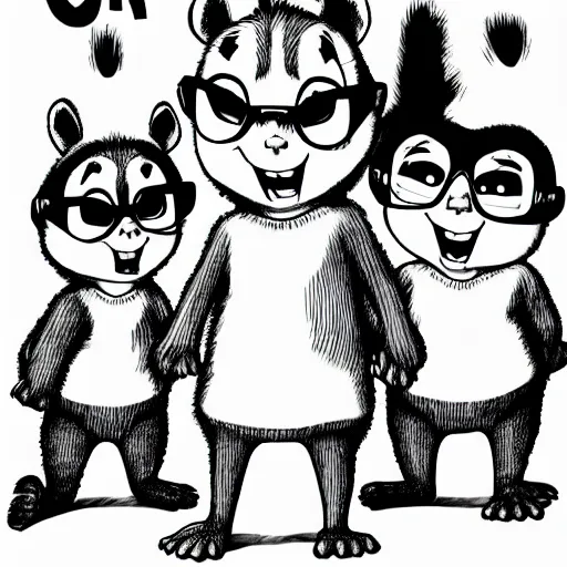 Image similar to black and white illustration of Alvin and the Chipmunks in the style of Junji Ito