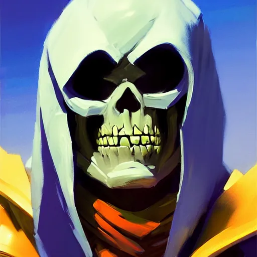 Prompt: Greg Manchess portrait painting of Skeletor as Overwatch character, totally wacky, medium shot, asymmetrical, profile picture, Organic Painting, sunny day, Matte Painting, bold shapes, hard edges, street art, trending on artstation, by Huang Guangjian and Gil Elvgren and Sachin Teng